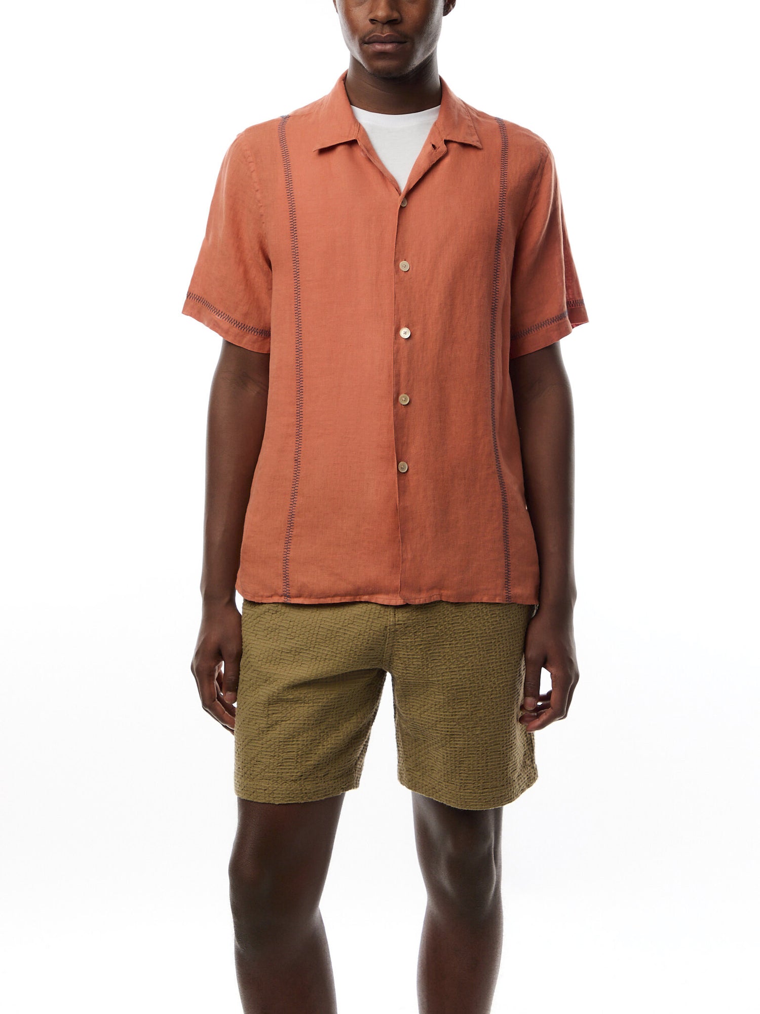 Linen Open Collar S/S Imbroided Shirt