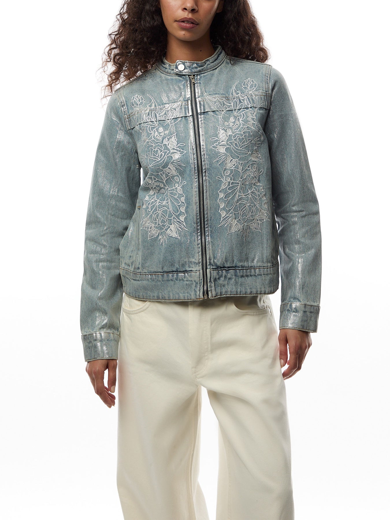 Womens Rose Skull Butterfly Denim Motocross Jacket
