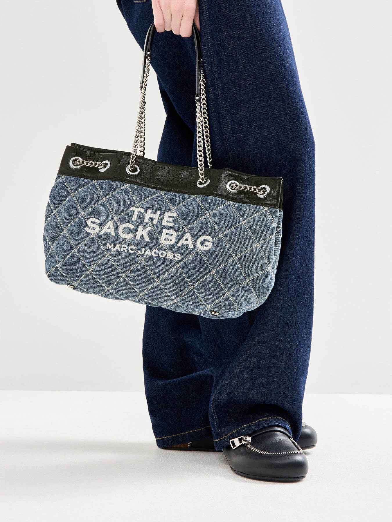 The Quilted Denim Chain Sack Bag Blue