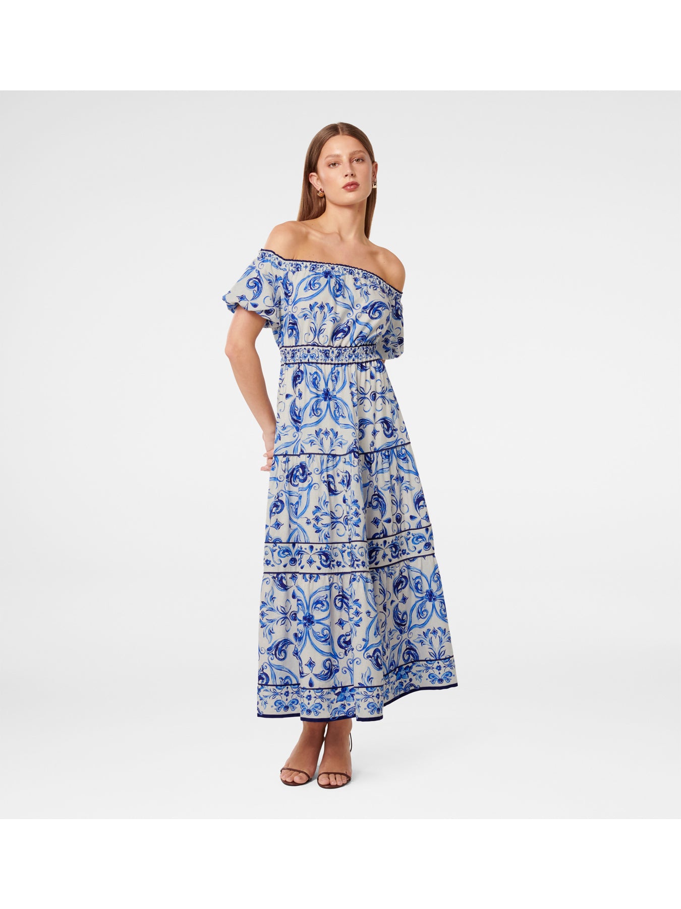 Ravenna Off Shoulder Tiered Midi Dress
