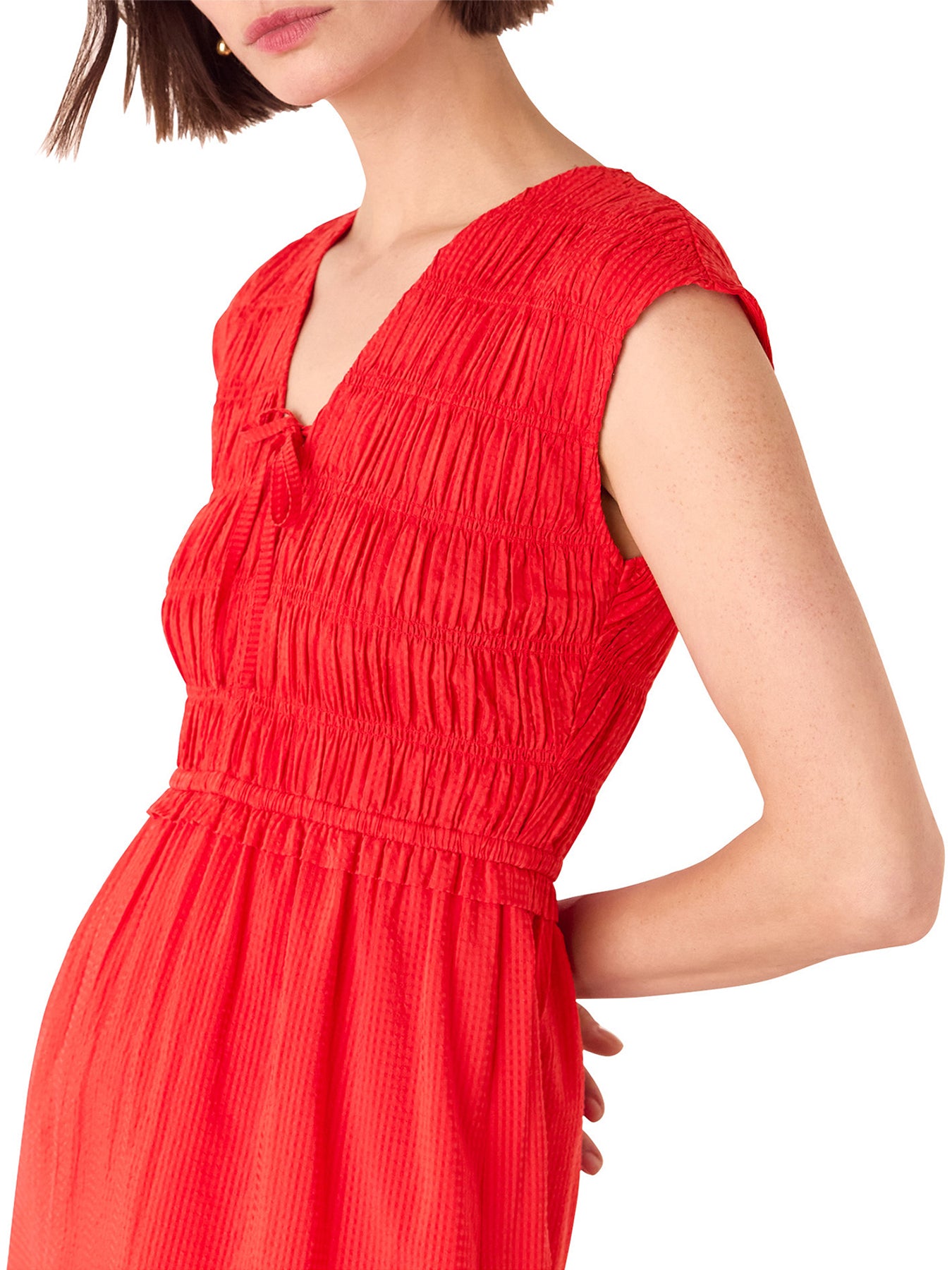 Shirred Bodice V Neck Dress