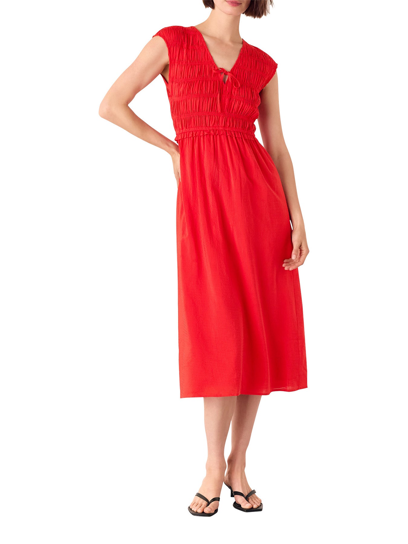 Shirred Bodice V Neck Dress