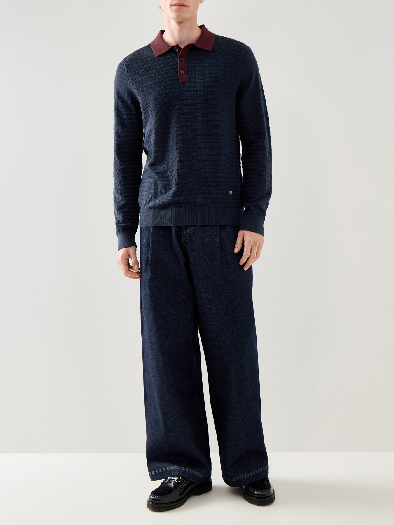 Long Sleeves Cotton Textured Polo Navy