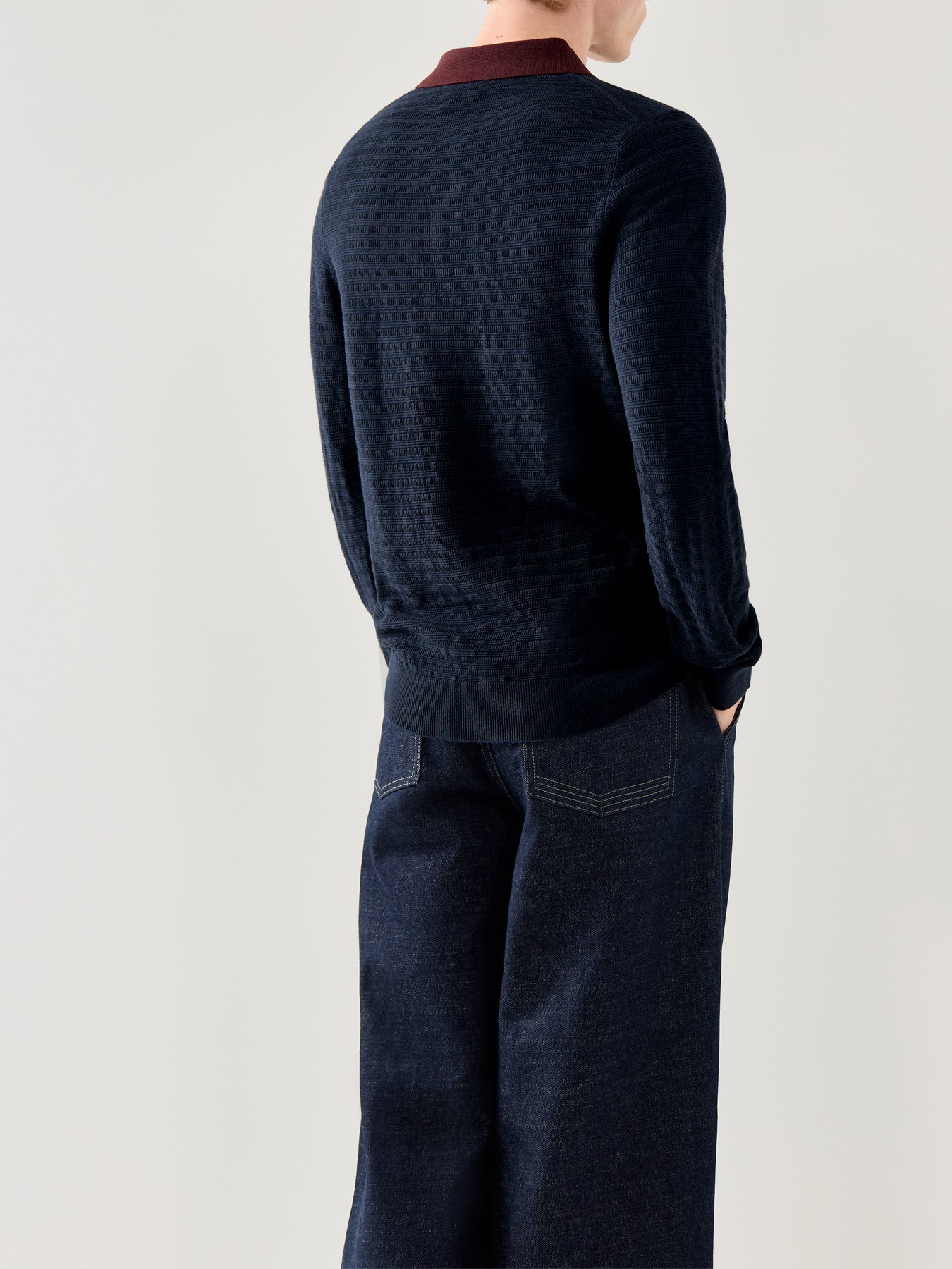 Long Sleeves Cotton Textured Polo Navy