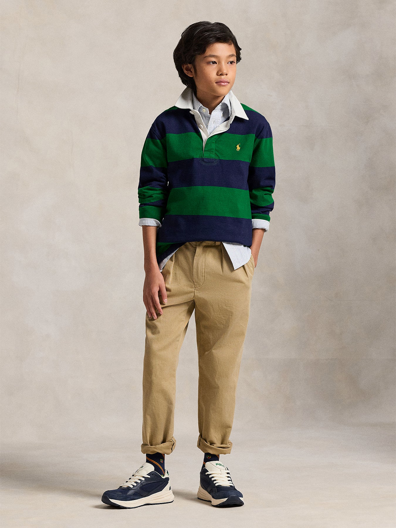 Striped Knit Rugby Shirt Navy Green Cotton