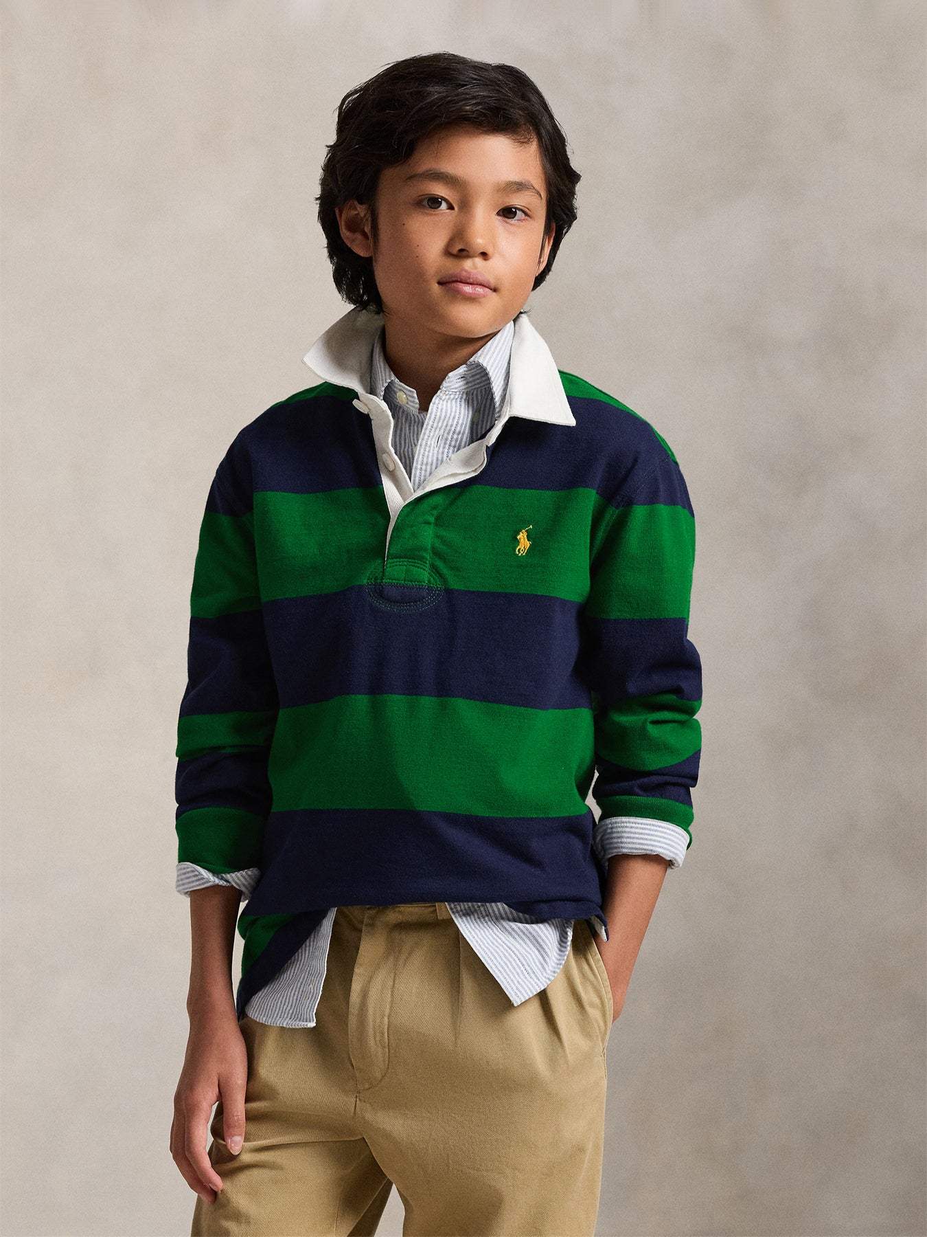 Striped Knit Rugby Shirt Navy Green Cotton