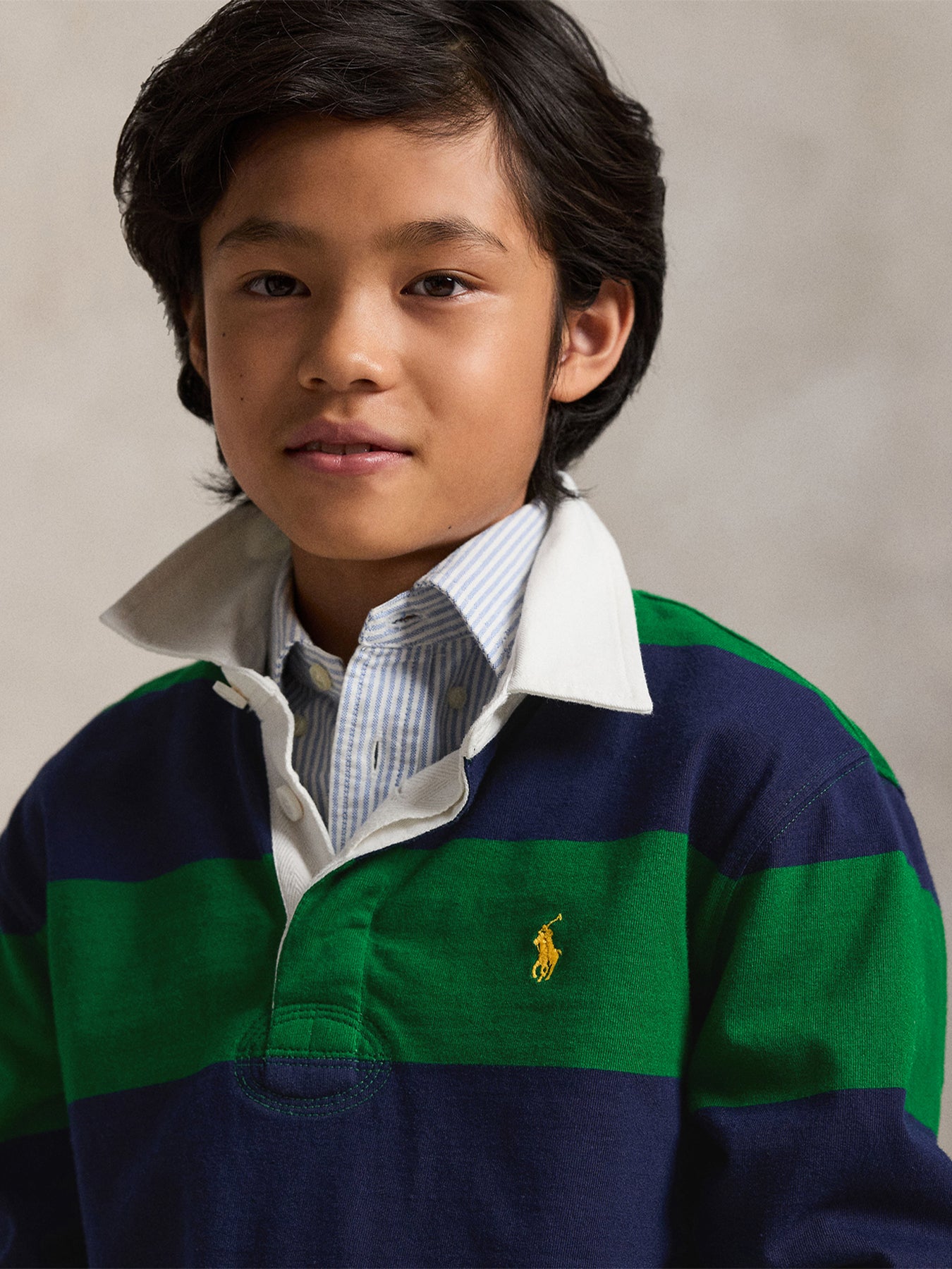Striped Knit Rugby Shirt Navy Green Cotton