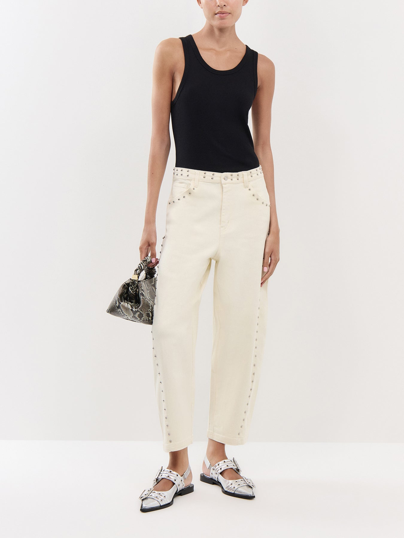 Ecru Studded Barrel Jeans