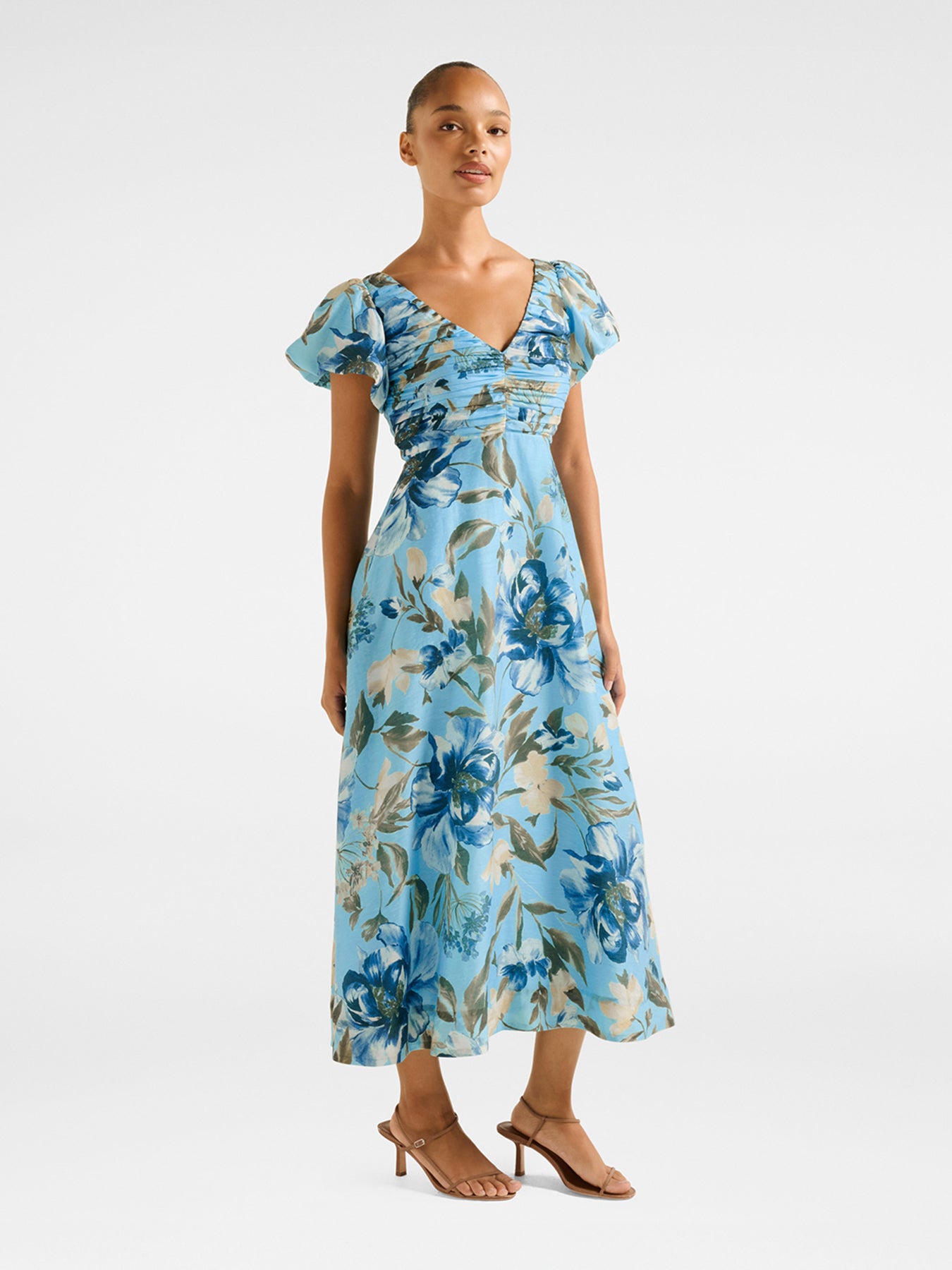 June Ruched V Neck Midi Dress
