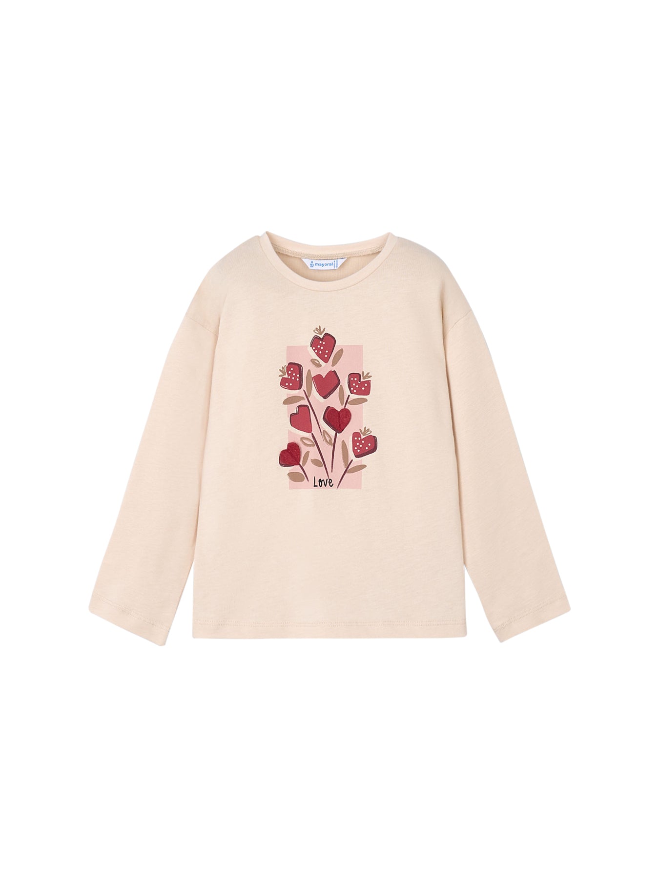 Flower Heart Long Cotton Sleeves T Shirt Almond
