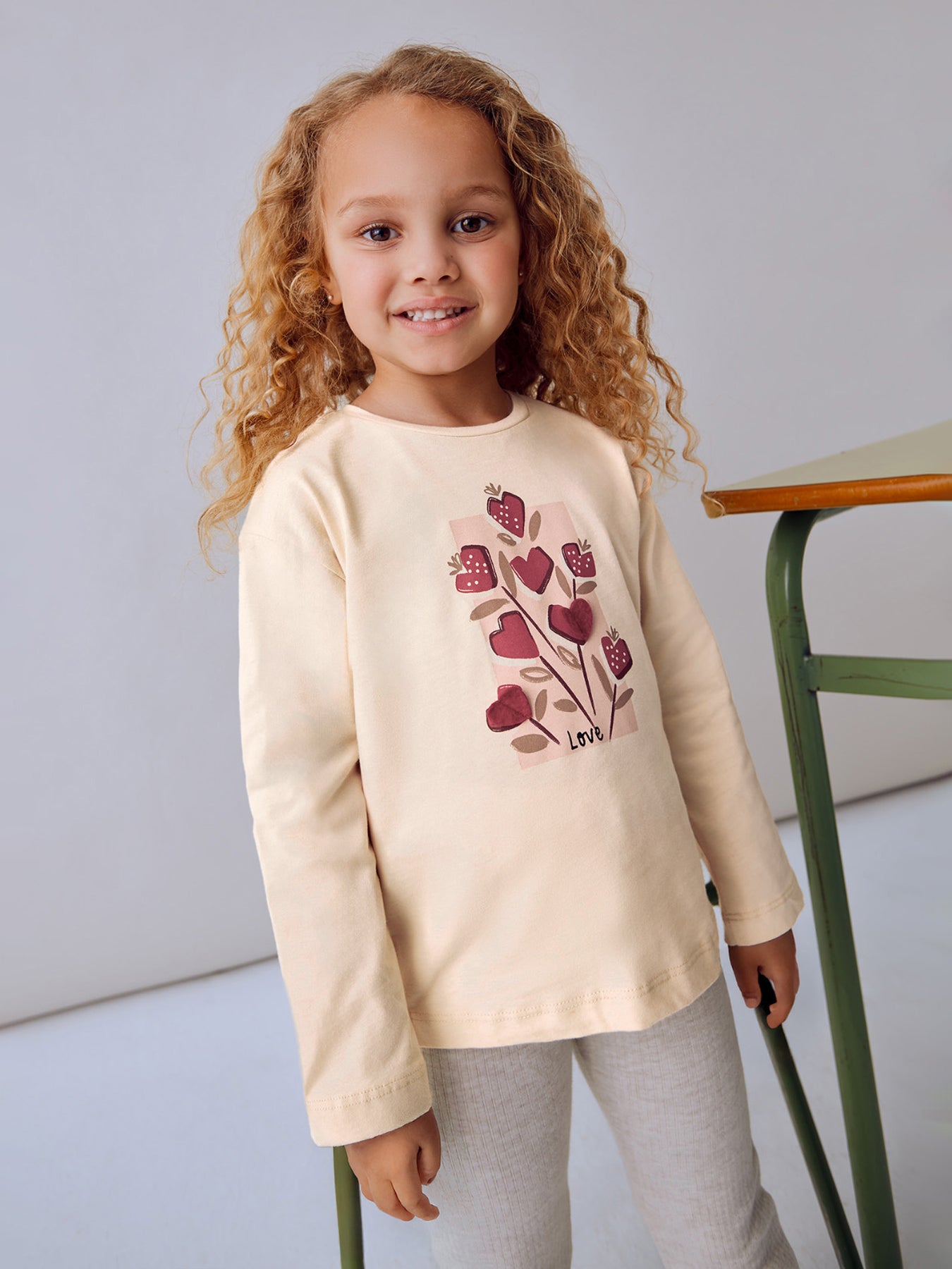 Flower Heart Long Cotton Sleeves T Shirt Almond