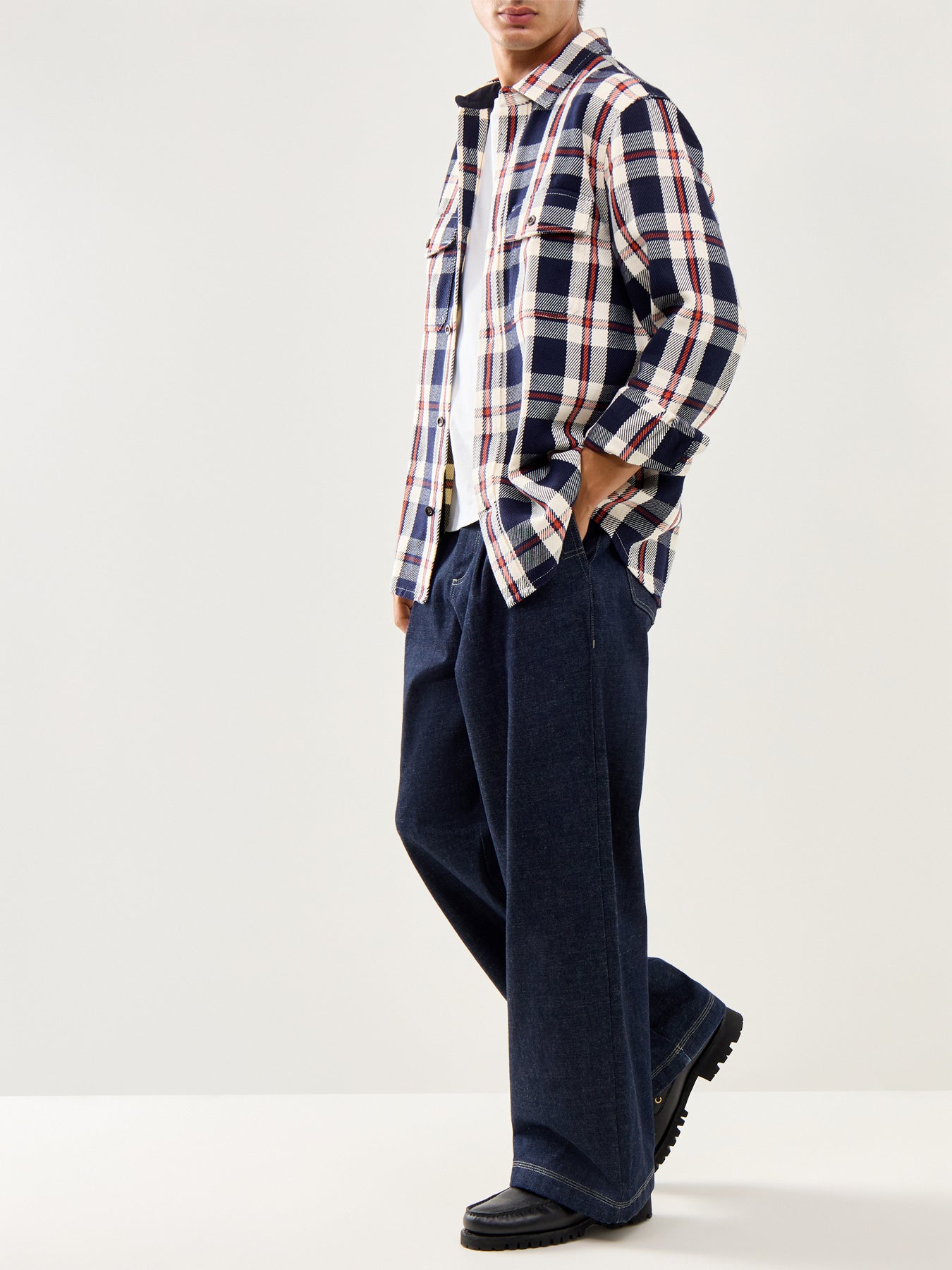 Heavy Twill Cotton Check Overshirt Blue