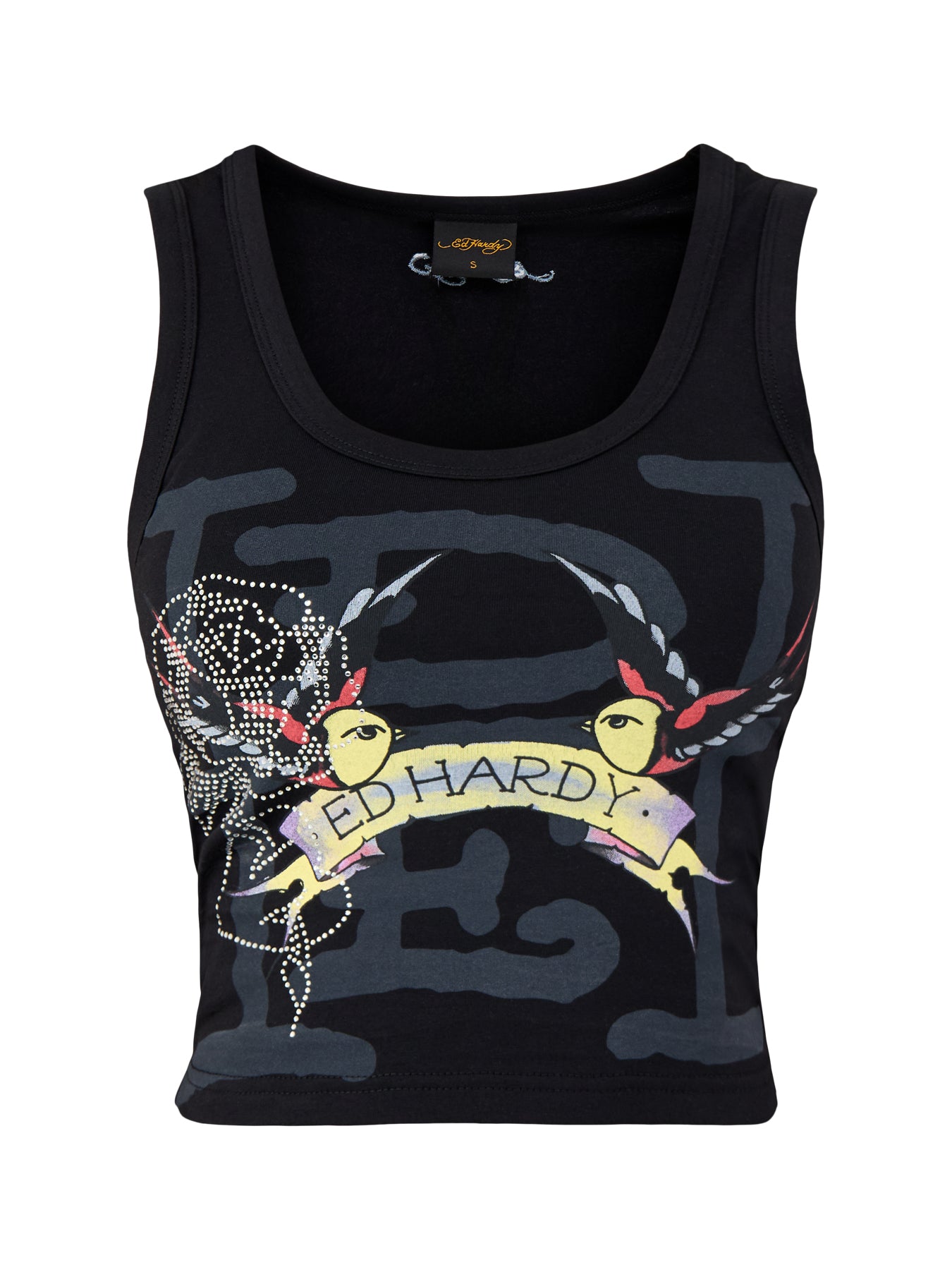Swallows Scroll Diamante Vest Top Black