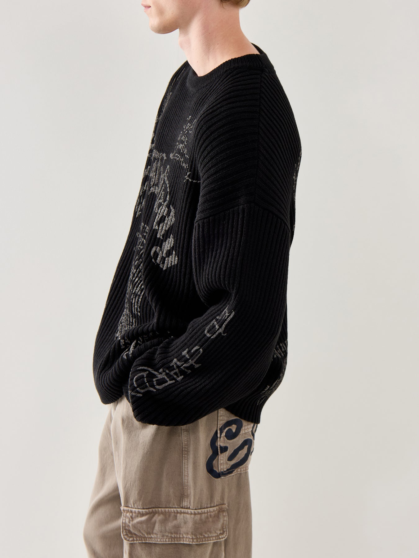 Mens Gothic Ribbed Knitted Crew Jumper Black