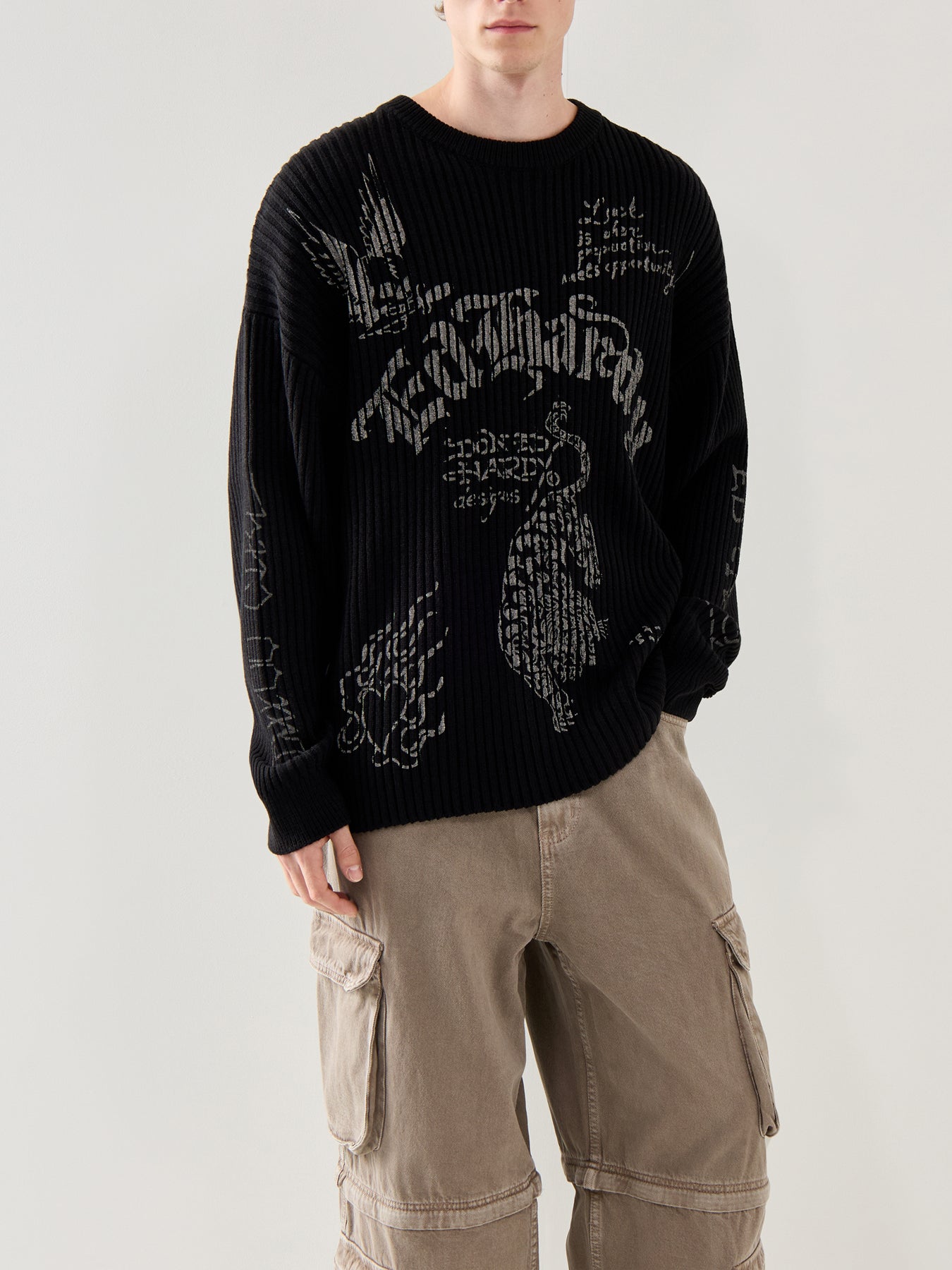 Mens Gothic Ribbed Knitted Crew Jumper Black