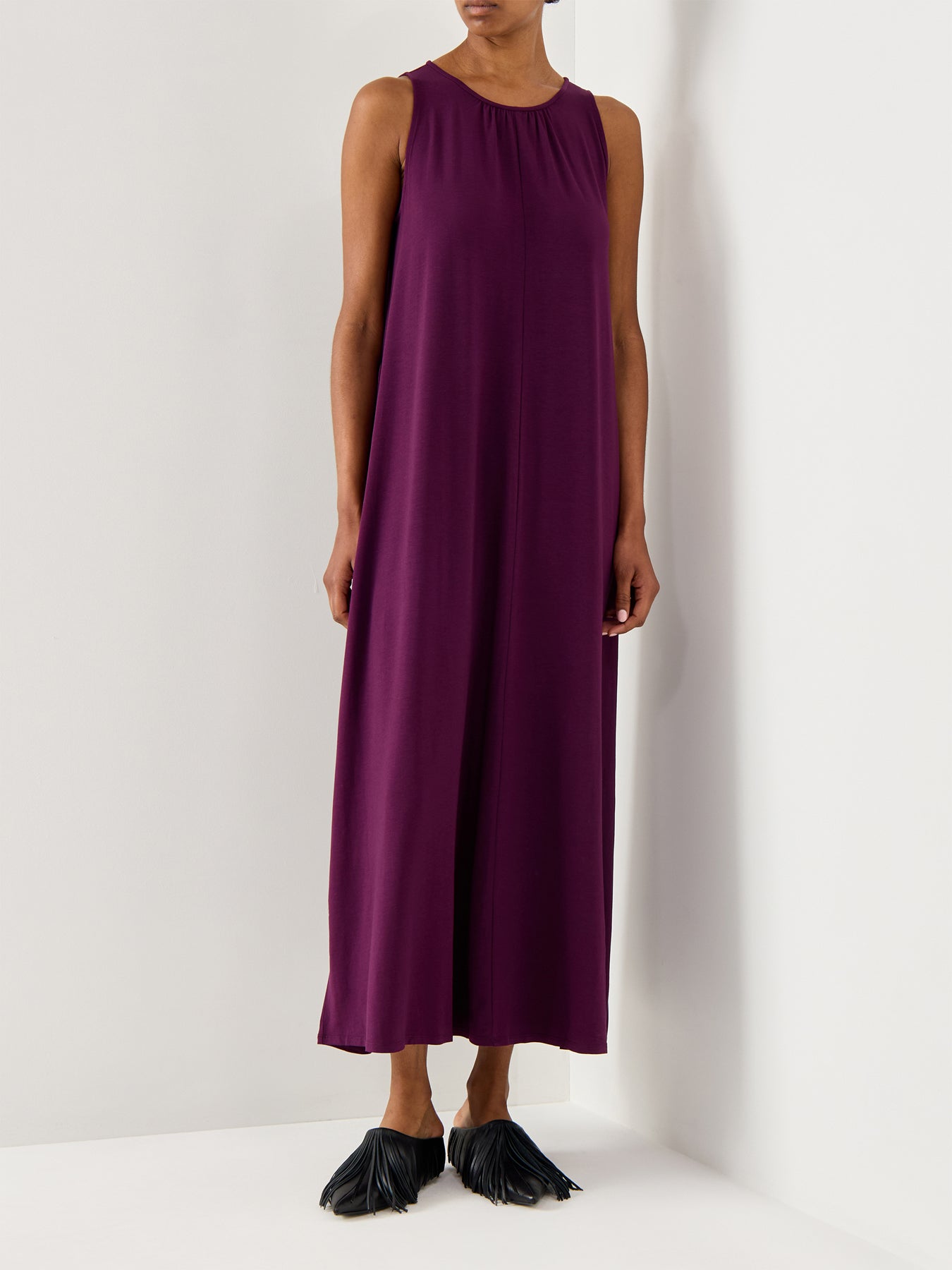 Round Neck Maxi Dress Tie Jersey Stretch Purple