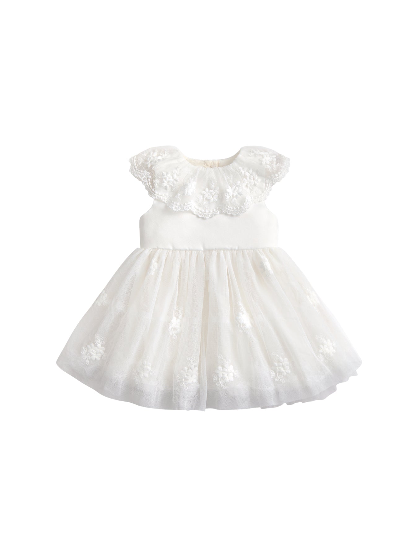 White Mesh Collar Flower Girl Dress With Embroidered Skirt