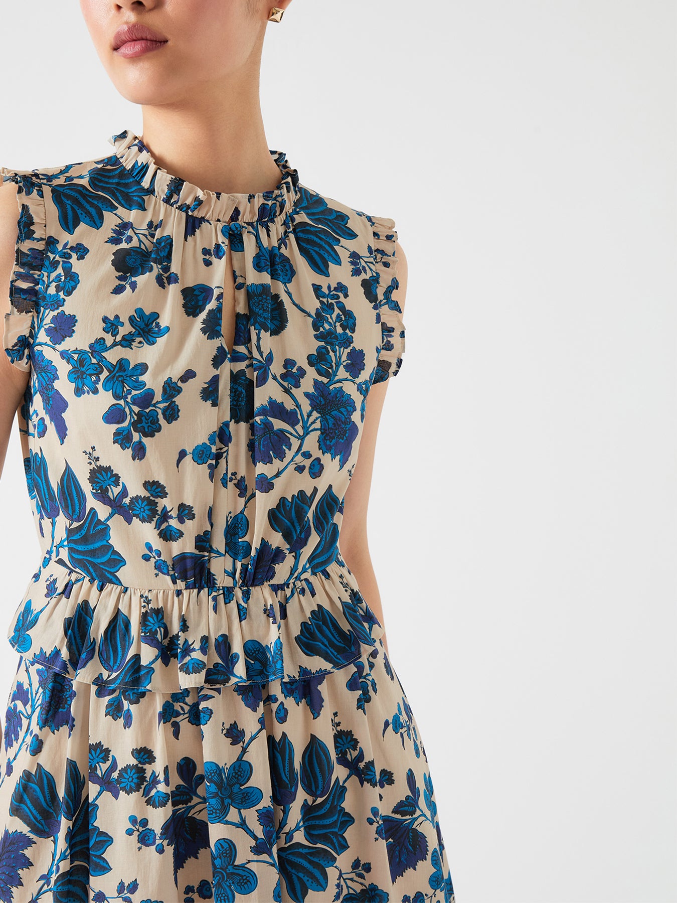 Cream Isolde Birch  & Blue Cotton Dress Cotton Voile Dress With Frill Detailing