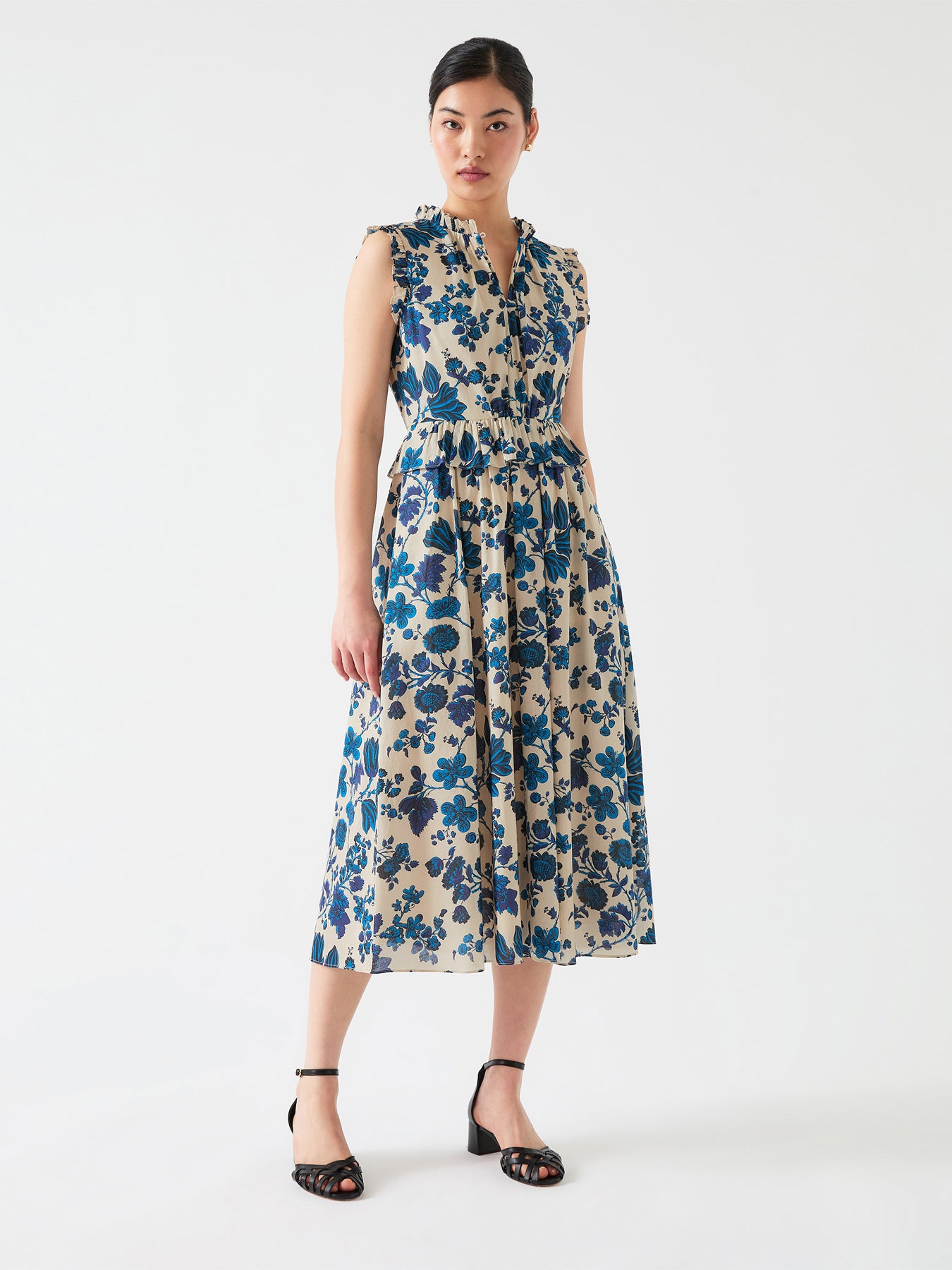 Cream Isolde Birch  & Blue Cotton Dress Cotton Voile Dress With Frill Detailing