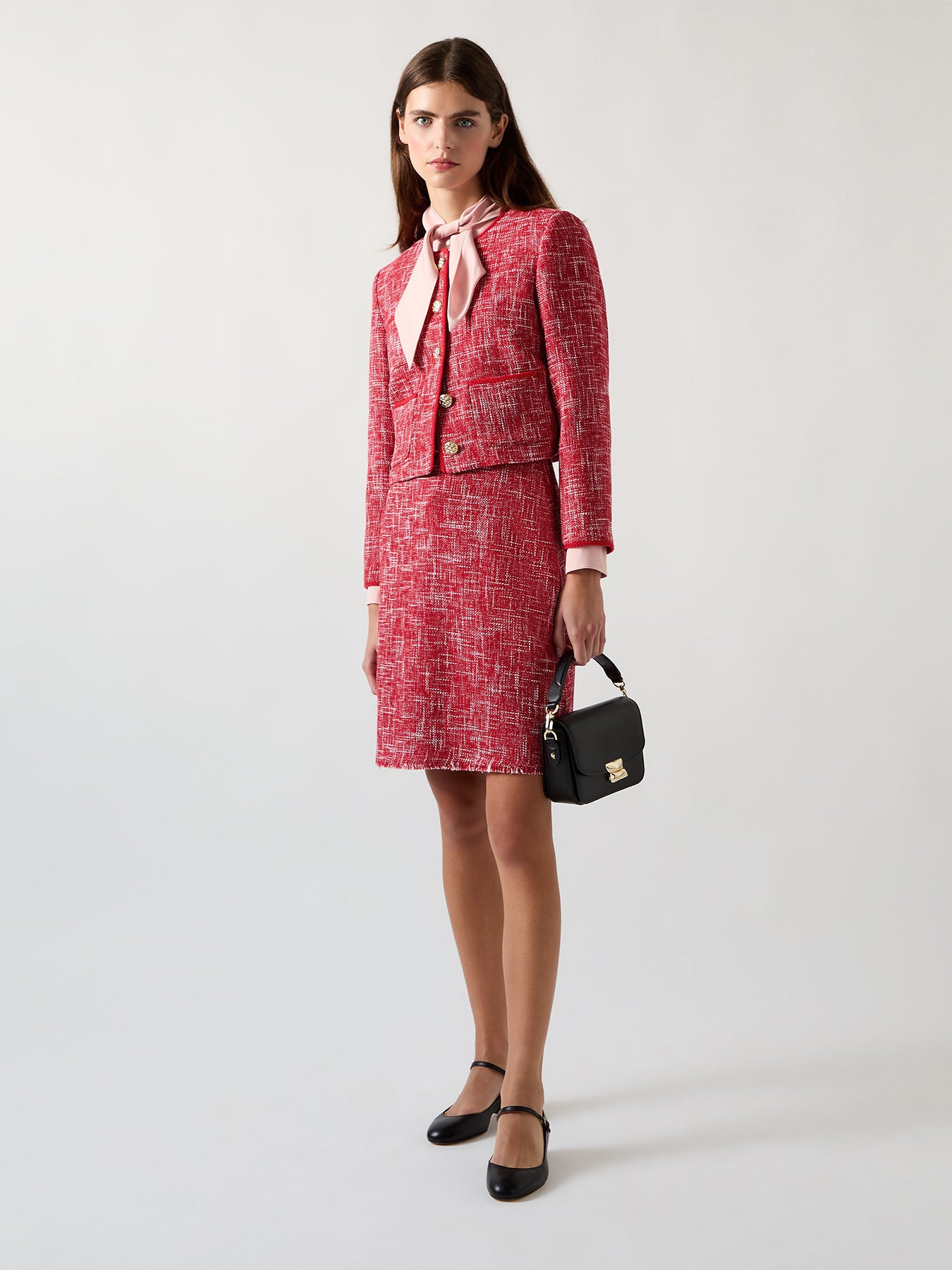 Red Alexa Red Cotton Blend Tweed Jacket With Plaited Trim