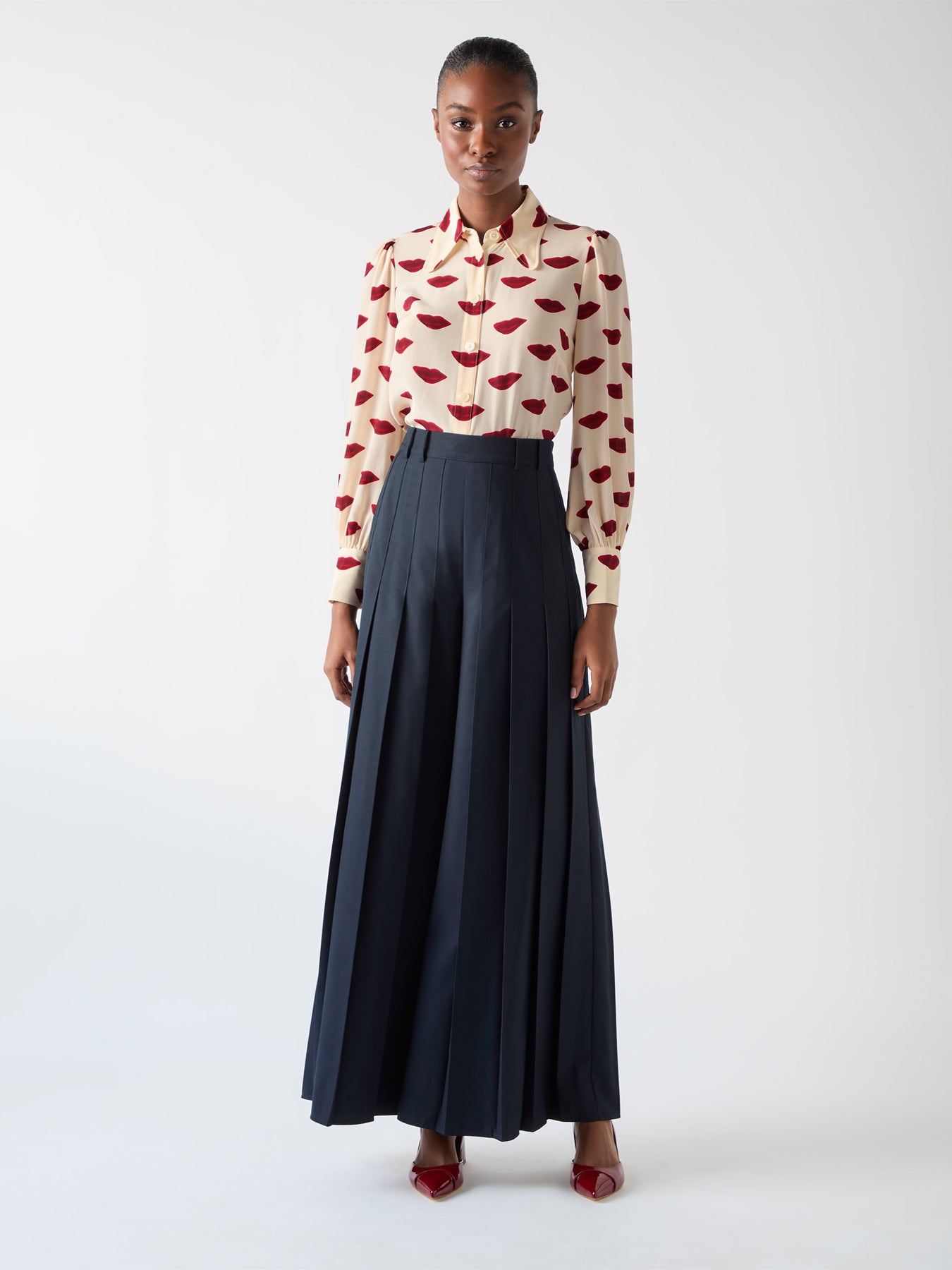 Red Sonya Red Silk Lips Print Silk Blouse