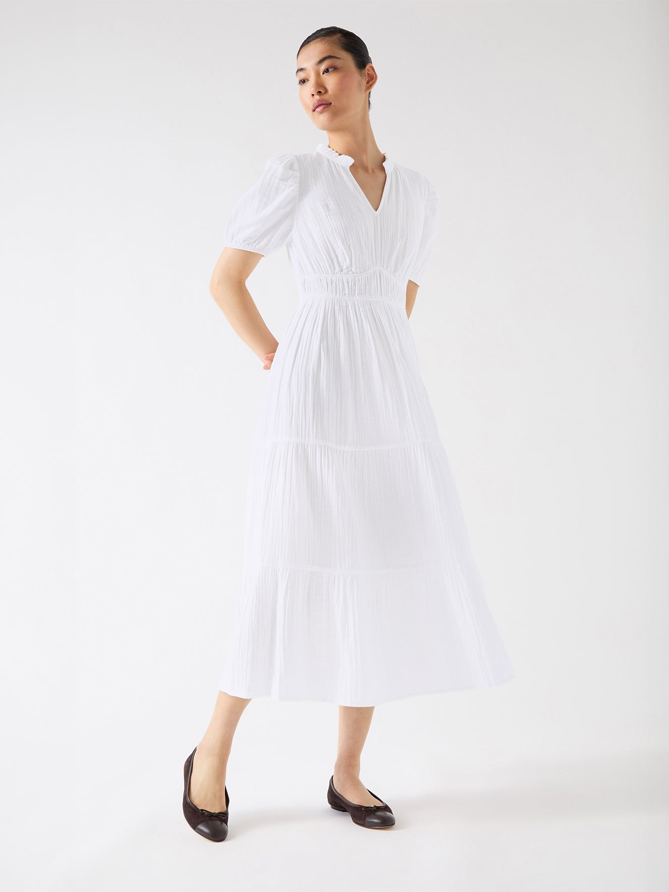 White Felicity White Cotton Gather Detail Cotton Dress