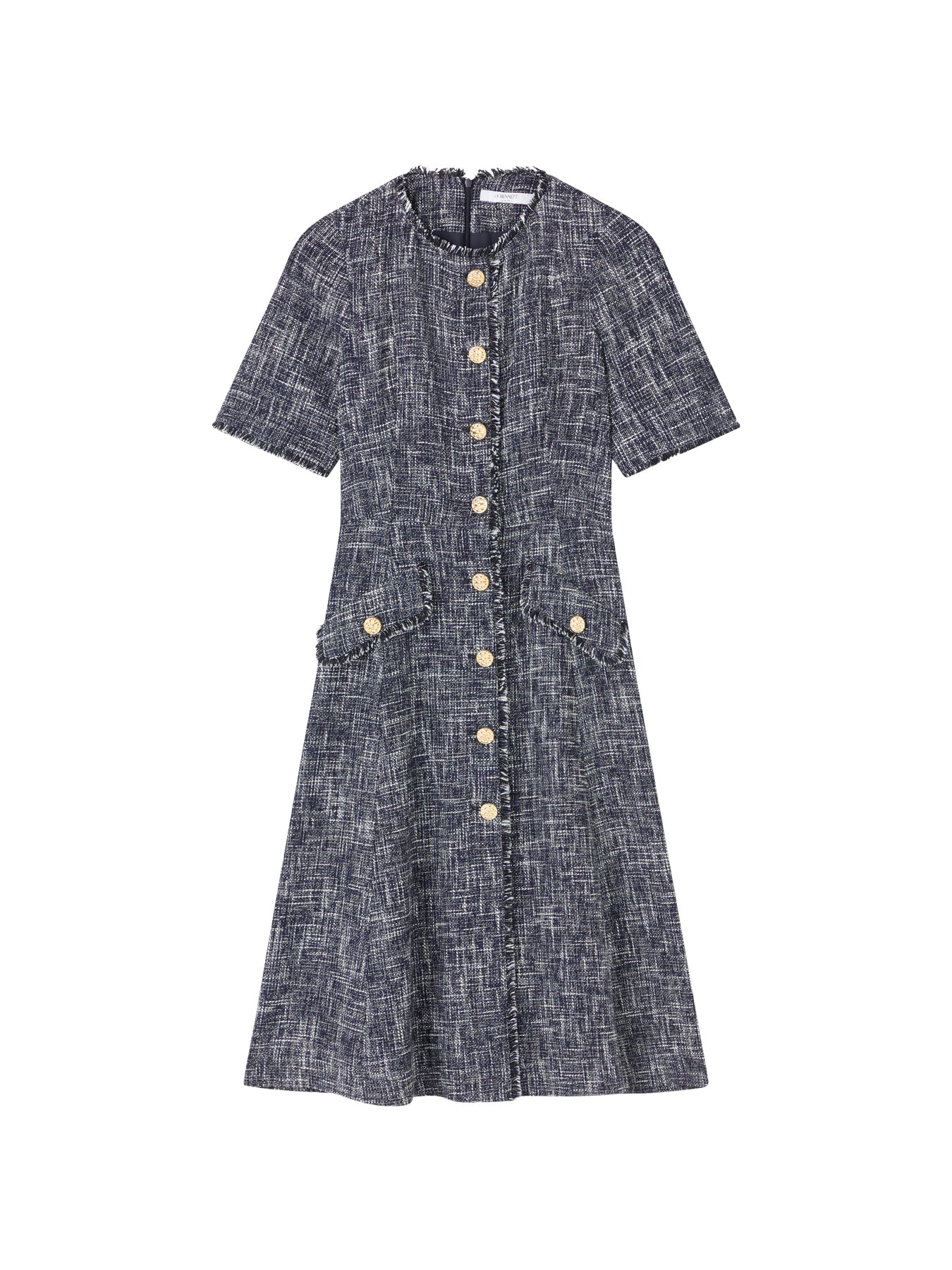 Suzie Indigo & Black & Cream Cotton Blend Tweed Button Through Dress