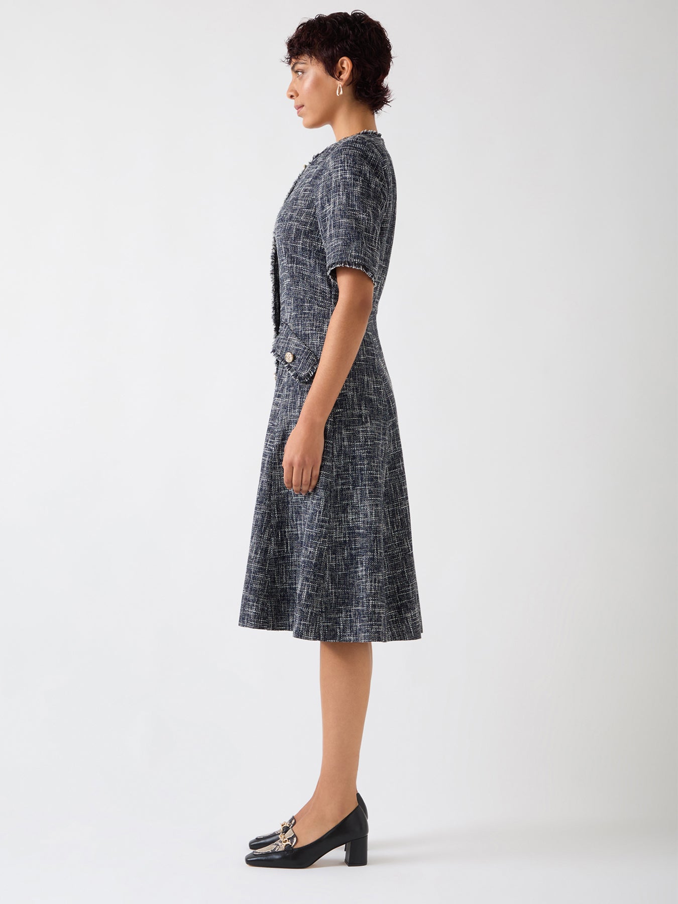 Suzie Indigo & Black & Cream Cotton Blend Tweed Button Through Dress