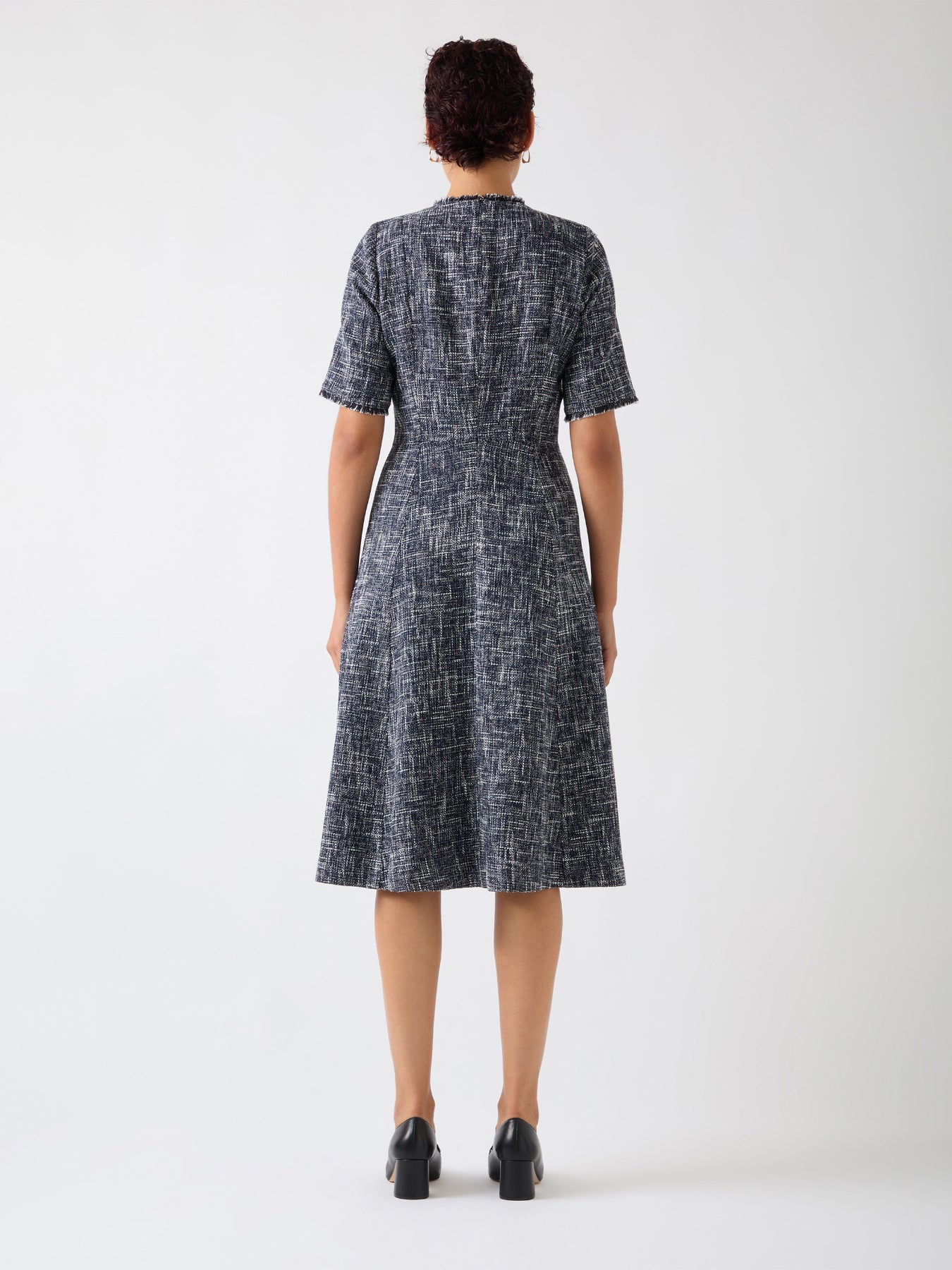 Suzie Indigo & Black & Cream Cotton Blend Tweed Button Through Dress