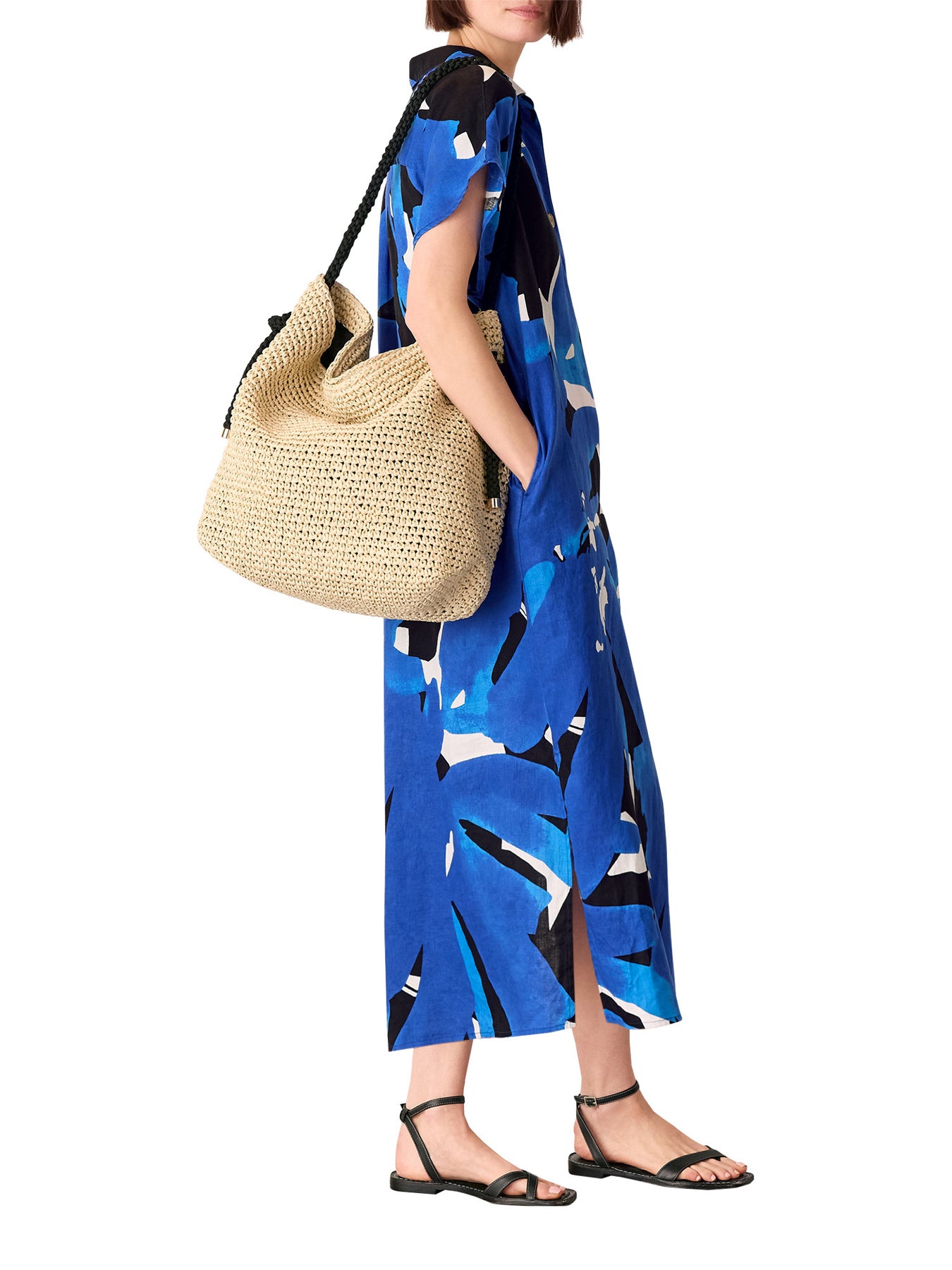 Blue/Multi Abstract Blooms Linen Dress