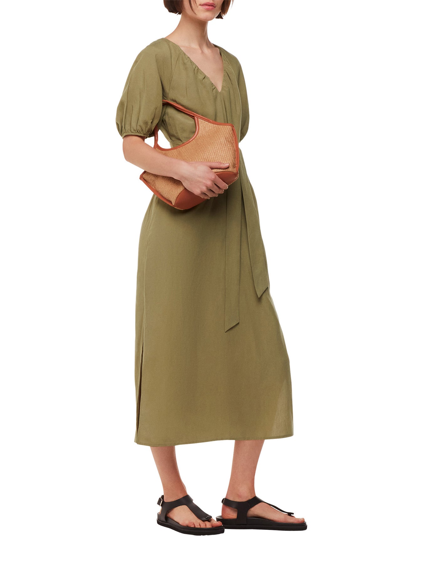 Khaki Ariella Linen Blend Midi Dress Khaki