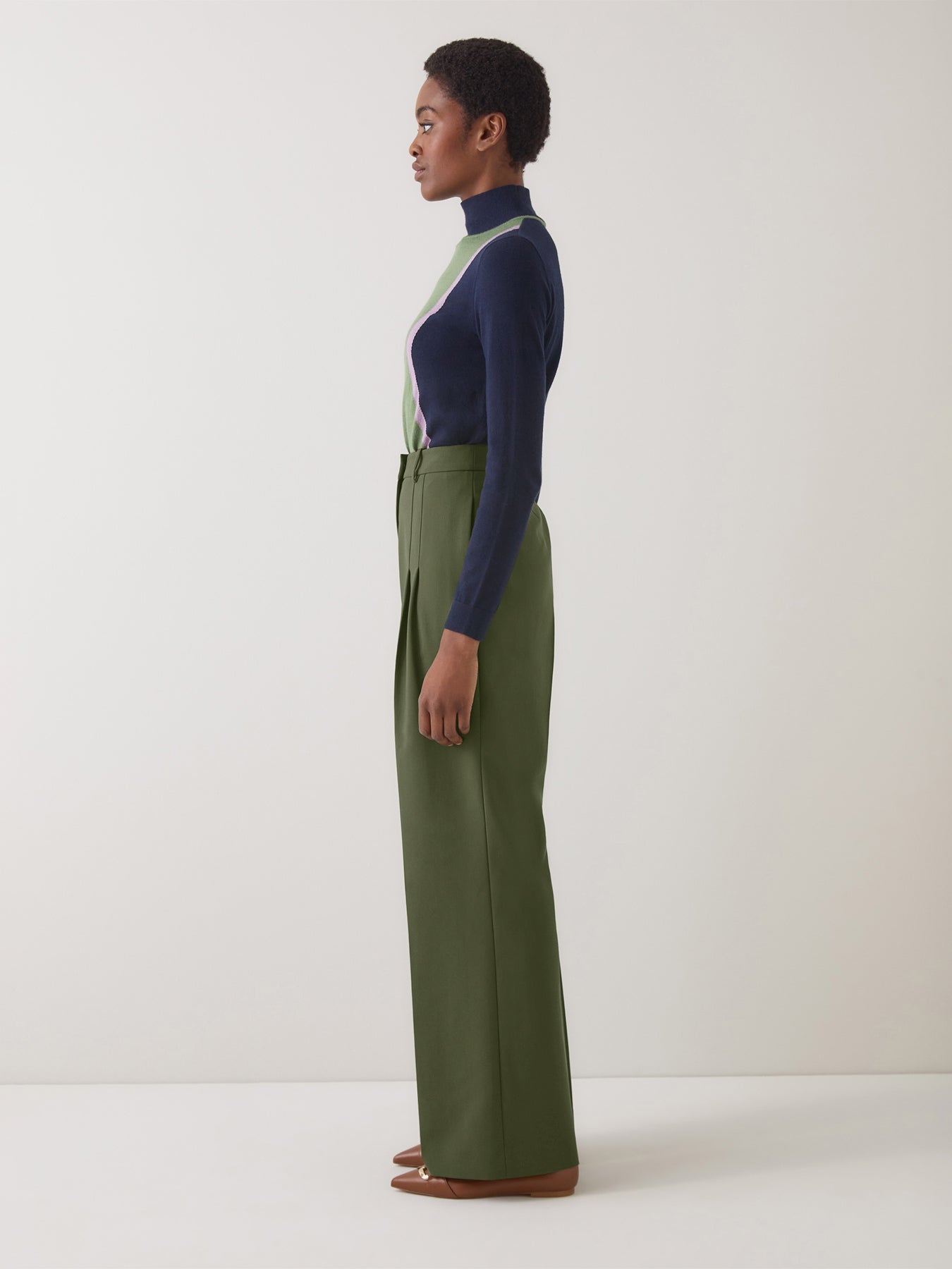 Petra Green Plain Polyester Pleat Front Notch Back Trousers