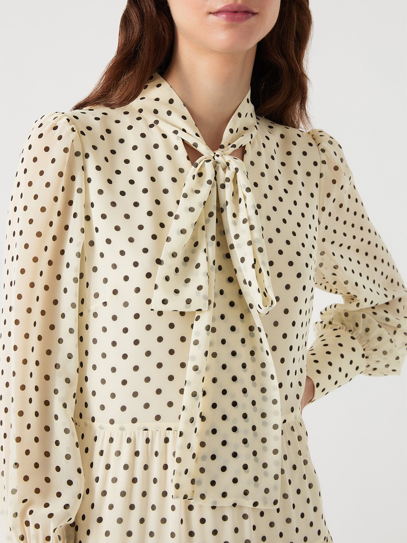 Cream Polly Birch & Black Tie Neck Ls Georgette Dress