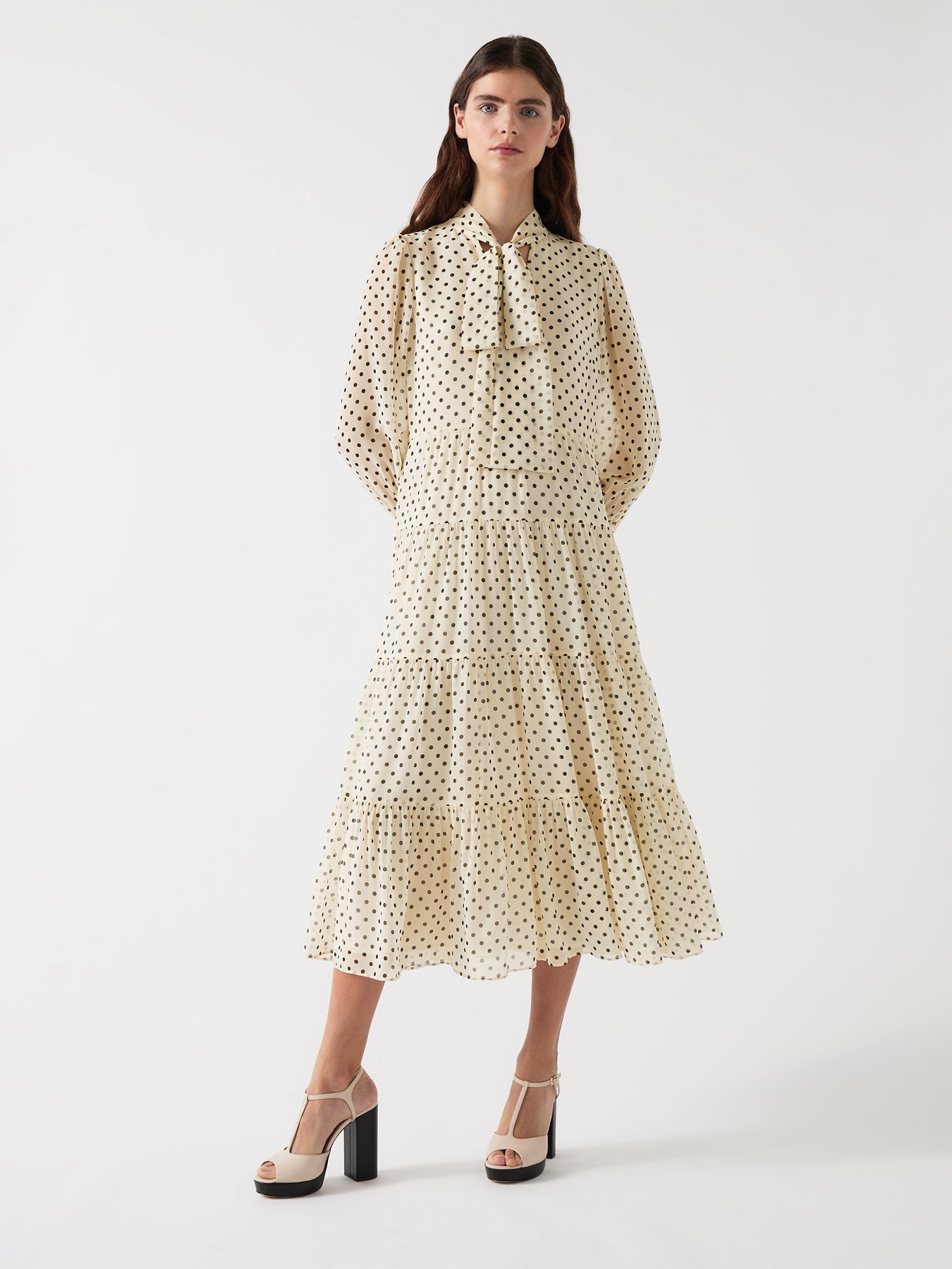Cream Polly Birch & Black Tie Neck Ls Georgette Dress