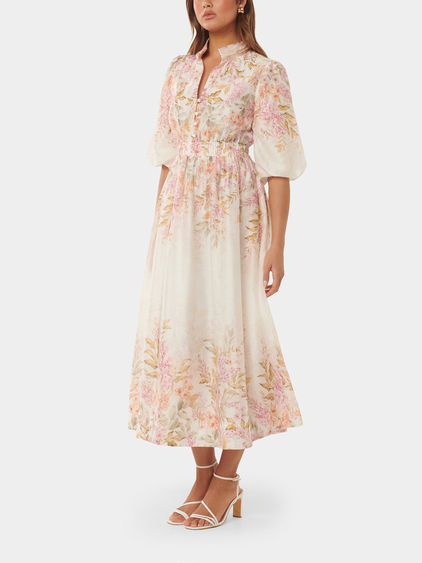 Ivy Printed Puff Sleeves Midi Dress
