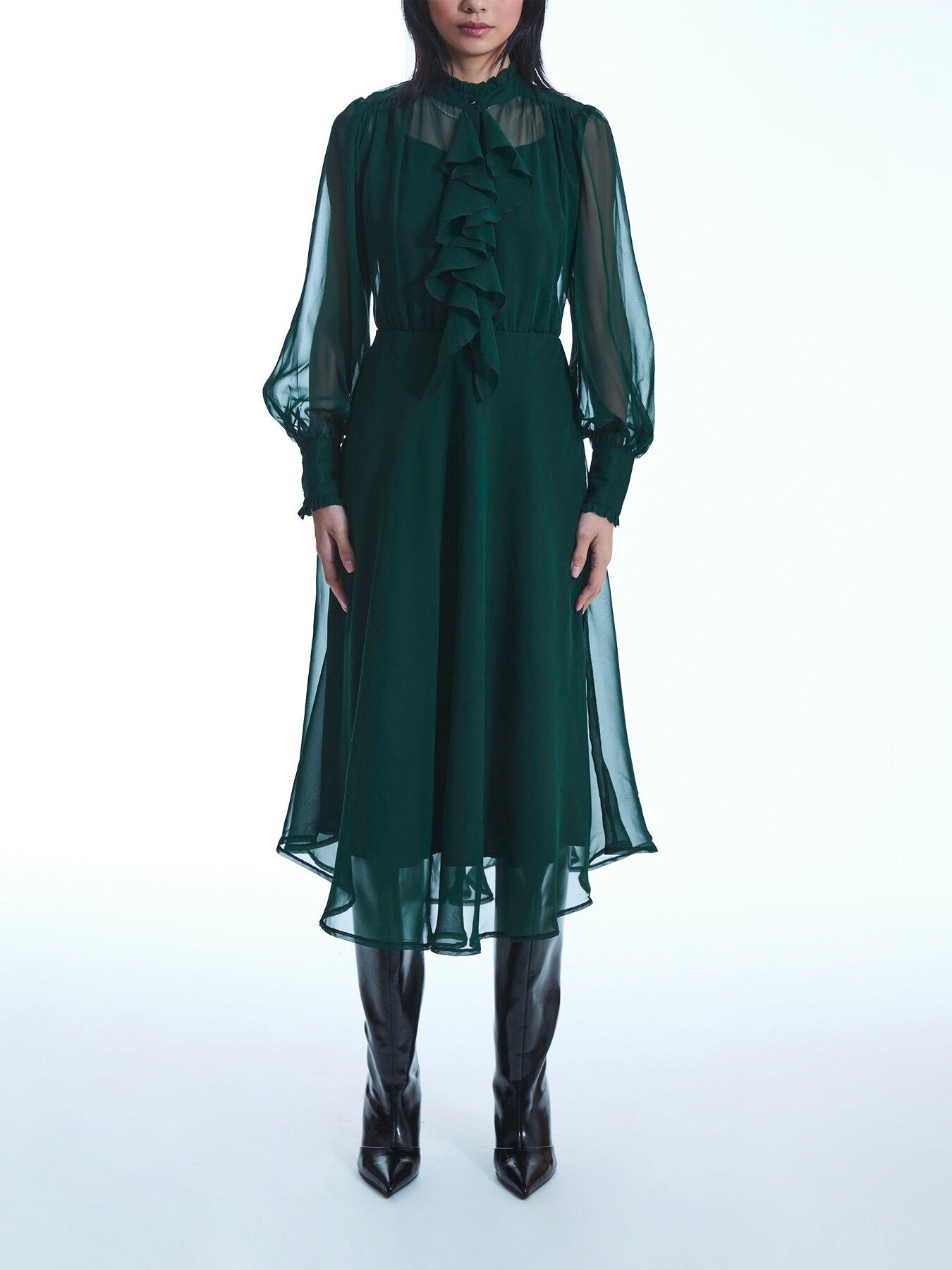 Green Ruffle Shift Midi Dress