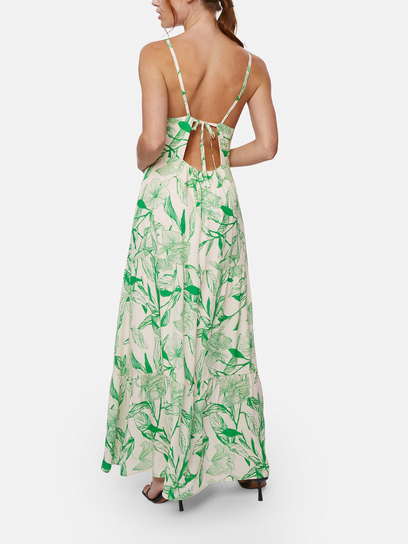 Open Back Print Tiered Midi Dress