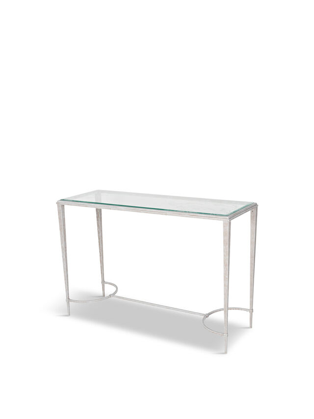 Aria Etched Glass Distressed White Iron Console Table