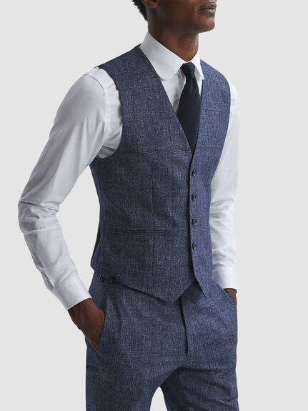 Barrett Slim Fit Wool-Linen Check Waistcoat