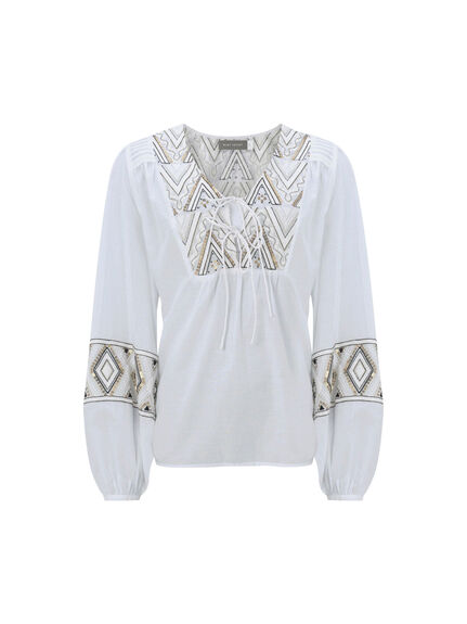 White Embroidered Tied Top