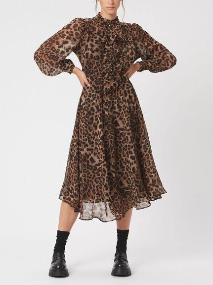 Leopard Print Midi Ruffle Dress
