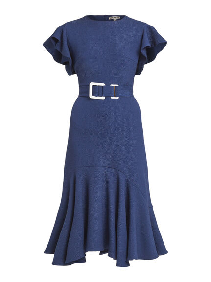 Belted Midi Dress with Graceful Ruffled Hem and Flutter Sleeves