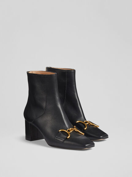 Nadina Black Leather Snaffle-Detail Ankle Boots
