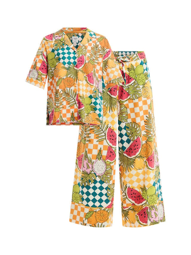 Fruit Checkerboards Relaxed Short Sleeve Resort Shirt and Wide Leg PJ Set