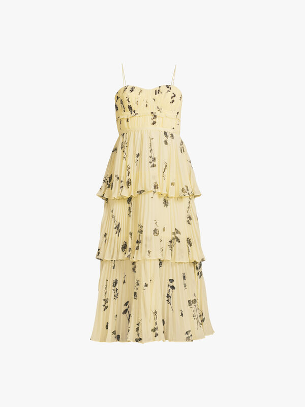 Yellow Floral Silhouette Chiffon Tiered Midi Dress