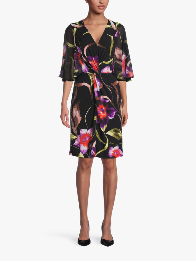 Sheer Sleeve Floral Wrap Front Dress