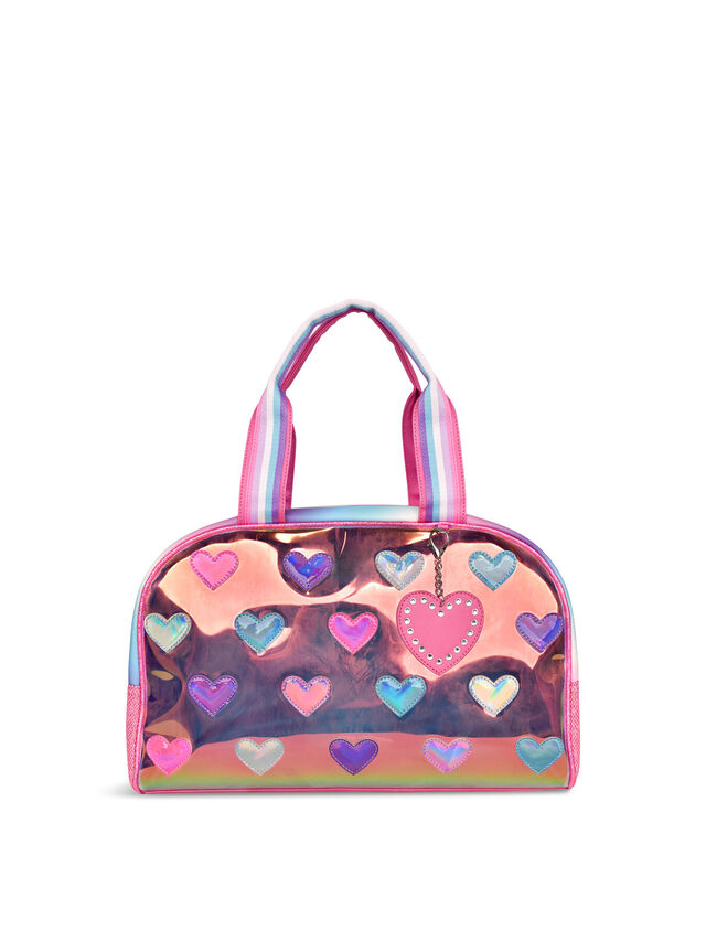 Hearts Print Clear Medium Duffle Bag With Heart Charm
