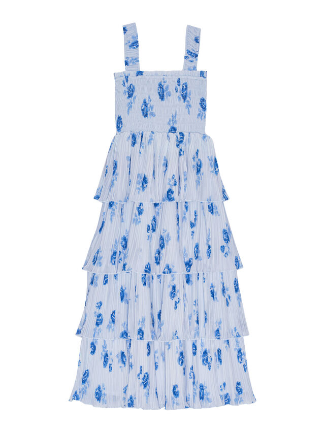 Blue Flowers Pleated Georgette Flounce Smock Midi Dress