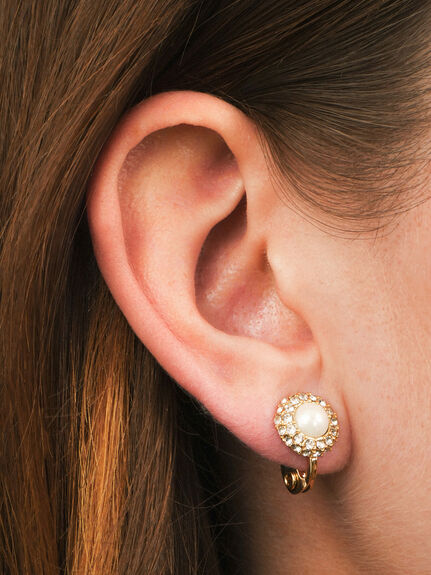 Gold Tone Micro Pave Pearl Clip On Earrings