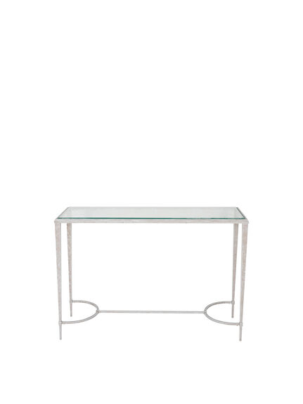 Aria Etched Glass Distressed White Iron Console Table